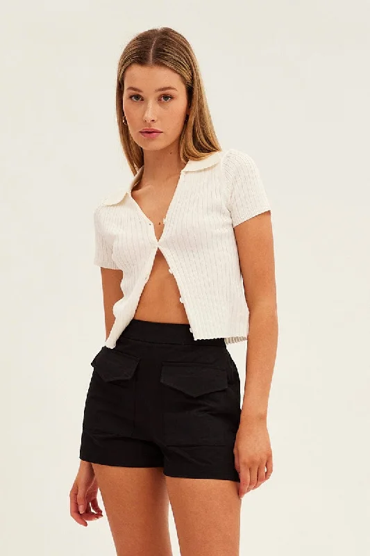 White Collar Knit Crop Cardigan Short Sleeve