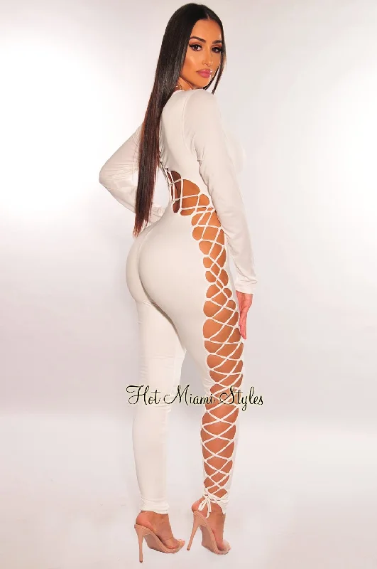 White Long Sleeve Lace Up Back Jumpsuit