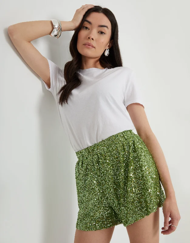 Women's Green Sequin Pull On Shorts