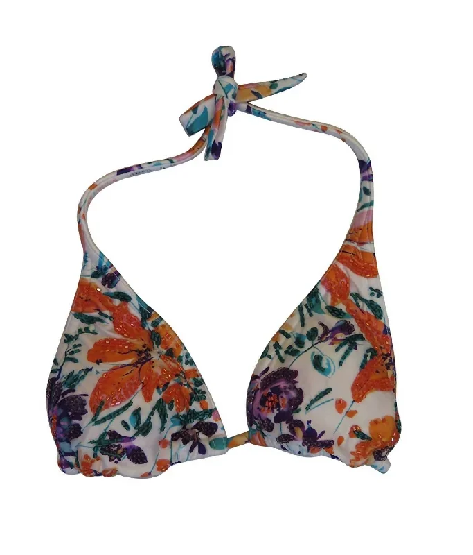 Women's Tide Floral Embroidered Triangle Cup Halter Strap Bikini Top In Multi